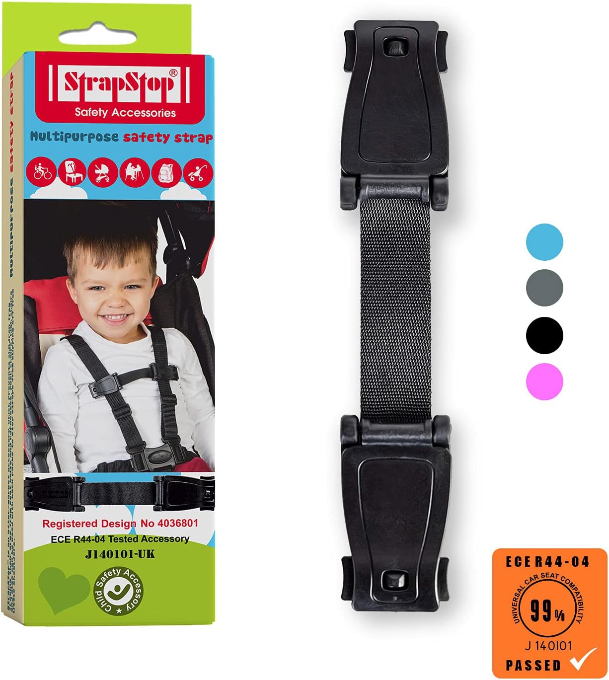 STRAP STOP Anti Escape Car Seat Strap — UK Made, Crash Tested, ECE R44-04 & R129 - BLACK
