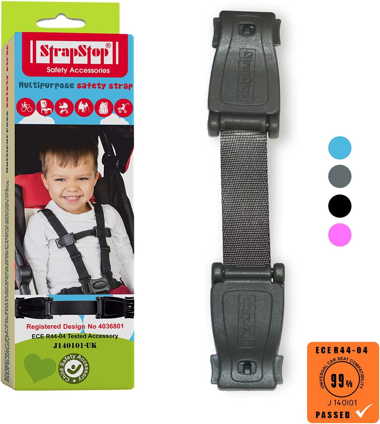 STRAP STOP Anti Escape Car Seat Strap — UK Made, Crash Tested, ECE R44-04 & R129 - Grey