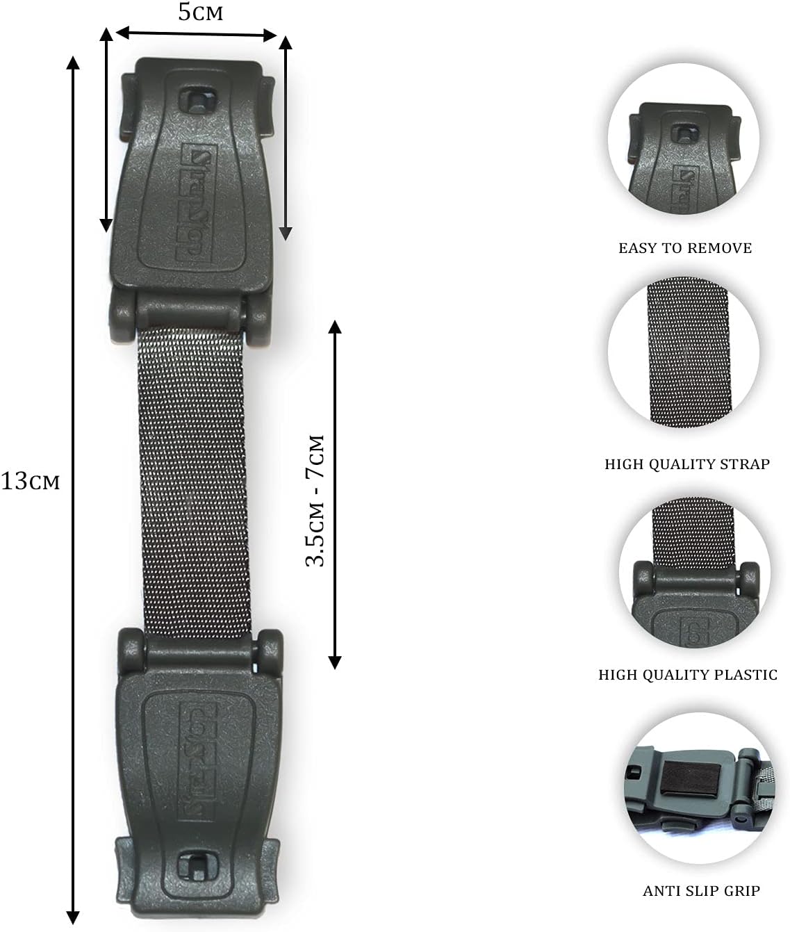 STRAP STOP Anti Escape Car Seat Strap — UK Made, Crash Tested, ECE R44-04 & R129 - Grey