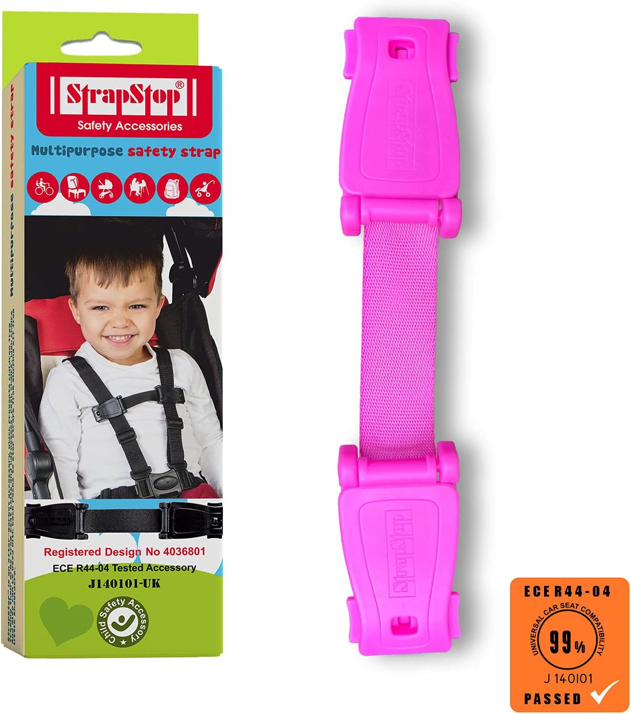 STRAP STOP Anti Escape Car Seat Strap — UK Made, Crash Tested, ECE R44-04 & R129 -PINK