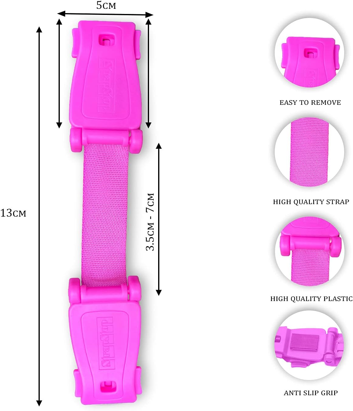 STRAP STOP Anti Escape Car Seat Strap — UK Made, Crash Tested, ECE R44-04 & R129 -PINK